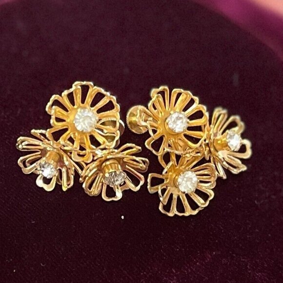 Vintage Coro Signed Rhinestone Flower Screw-Back Dimensional Earrings - Picture 1 of 10